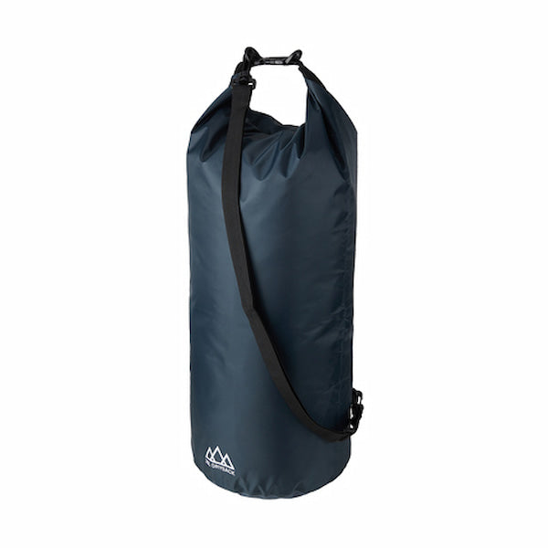 Navy blue dry bag with a shoulder strap on a white background
