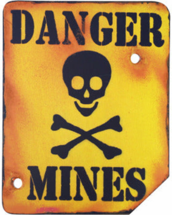Vintage-style danger sign with skull and crossbones symbol on a yellow background