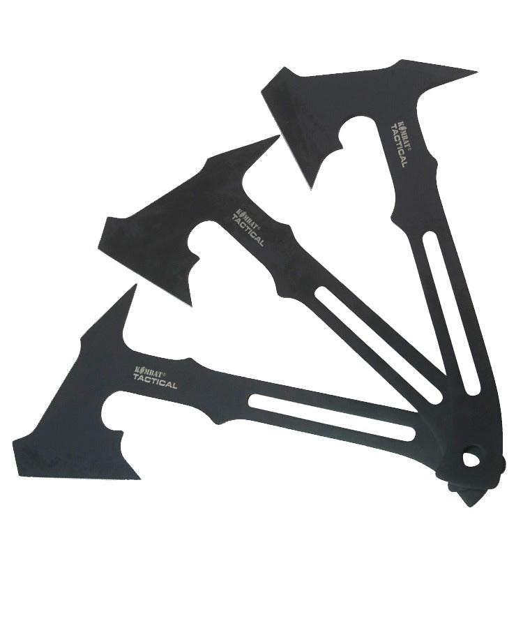 Black tactical tool with multiple blades on a white background