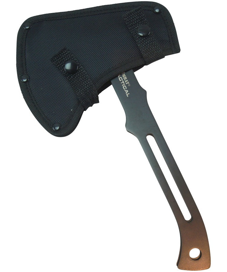 Black axe with wooden handle on a white background