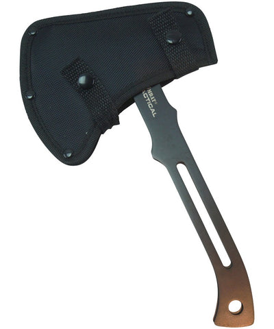 Black axe with wooden handle on a white background