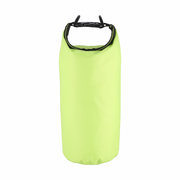 Green dry bag with a black strap on a white background