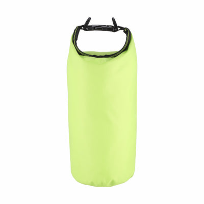 Green dry bag with a black strap on a white background