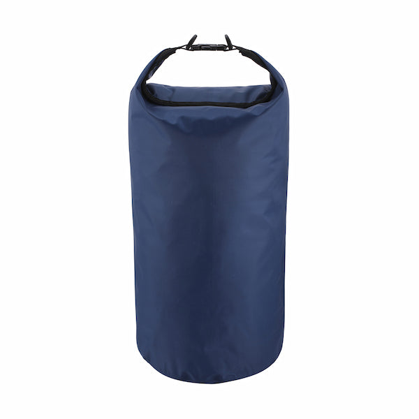 Blue dry bag with black strap on a white background