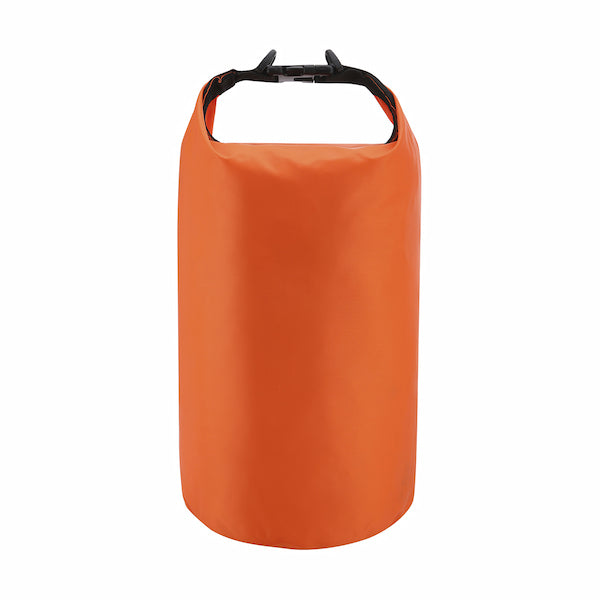 Orange dry bag with black handle on a white background