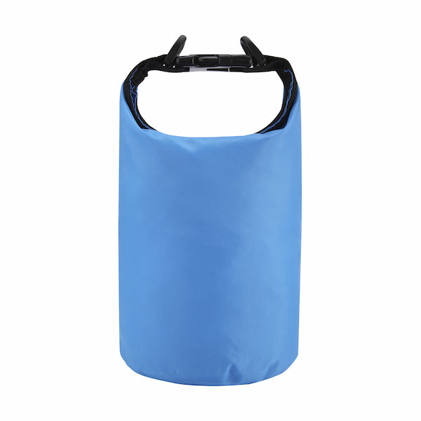 Blue dry bag with black handles on a white background