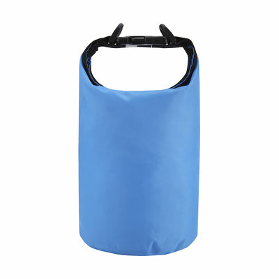 Blue dry bag with black handles on a white background