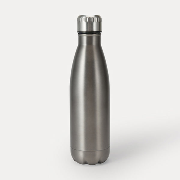 Silver insulated bottle on a white background