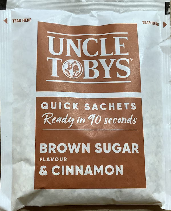 Uncle Toby's brown sugar and cinnamon quick sachets packaging.