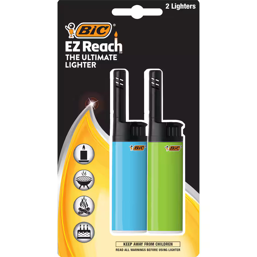 BIC EZ Reach lighter packaging with two lighters on a black background