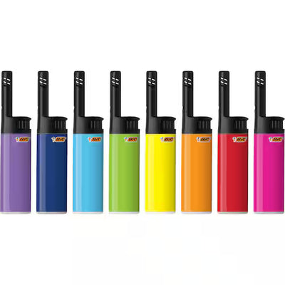 Set of colorful BIC lighters arranged in a row on a white background