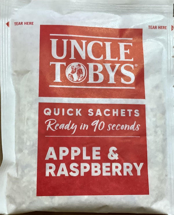 Uncle Toby's apple and raspberry quick sachet packaging.
