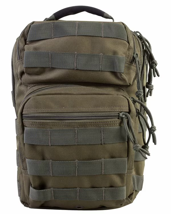 Green tactical backpack with multiple zippers and straps on a white background