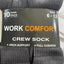Pack of gray crew socks with 'Work Comfort' label on a black background