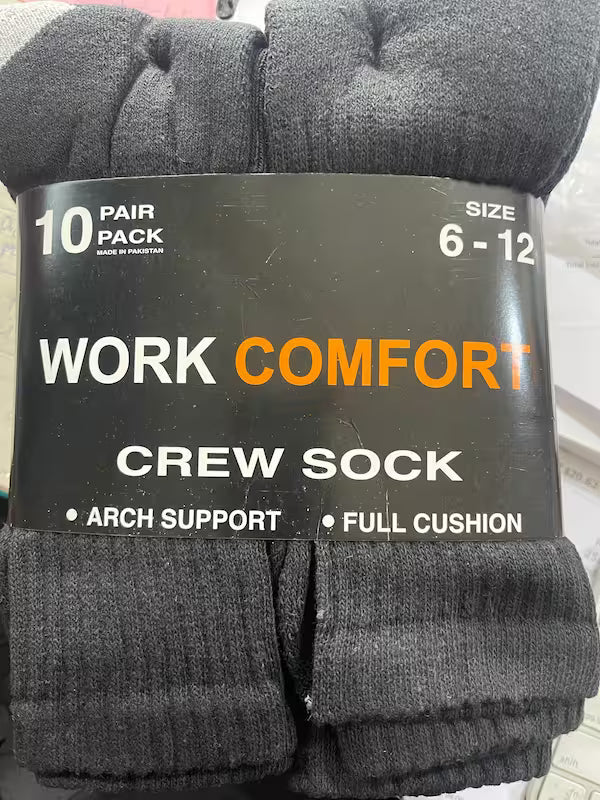 Pack of gray crew socks with 'Work Comfort' label on a black background