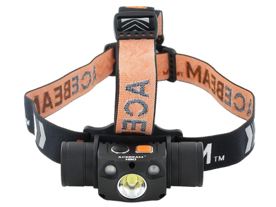 Headlamp with orange strap featuring 'ACEBEAM' branding on a white background