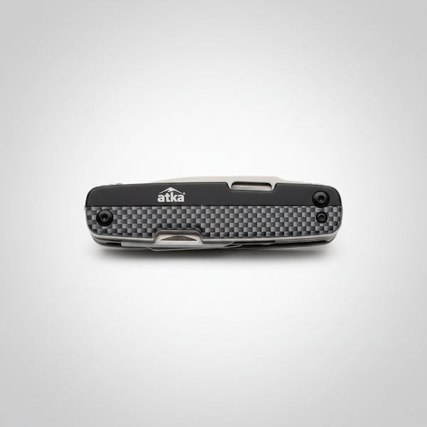 Multitool with carbon fiber pattern on a light gray background