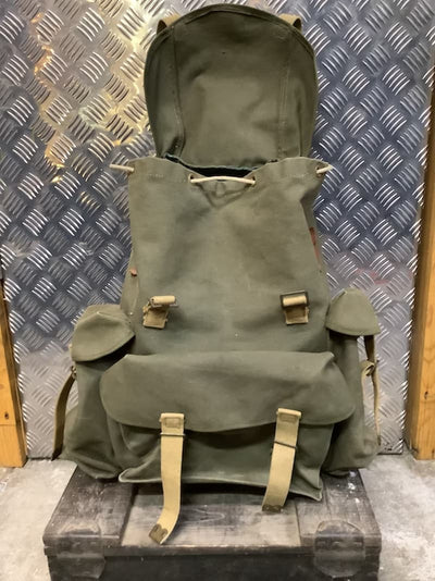 Green backpack with brown straps on a metal surface with a patterned wall background