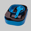 Blue and black plastic utensil set in a container on a gray background