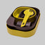 Set of yellow and gray kitchen utensils in a container on a light gray background