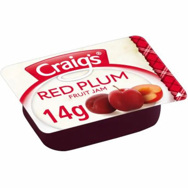 Container of Craig's Red Plum Fruit Jam with a white background