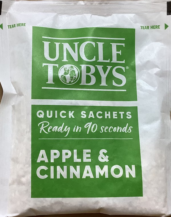 Uncle Toby's apple and cinnamon quick sachet packaging