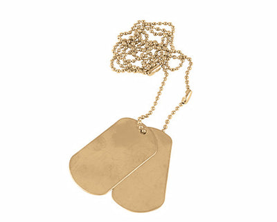 Gold necklace with two dog tags on a white background