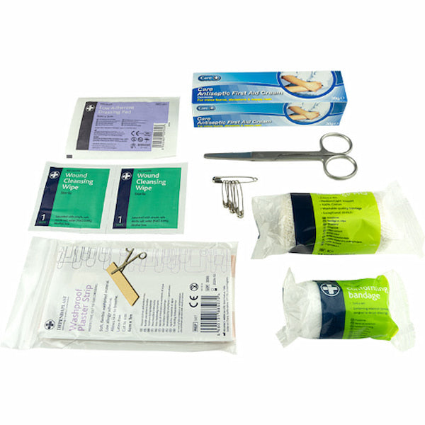 Collection of first aid supplies including bandages, wipes, and scissors on a white background