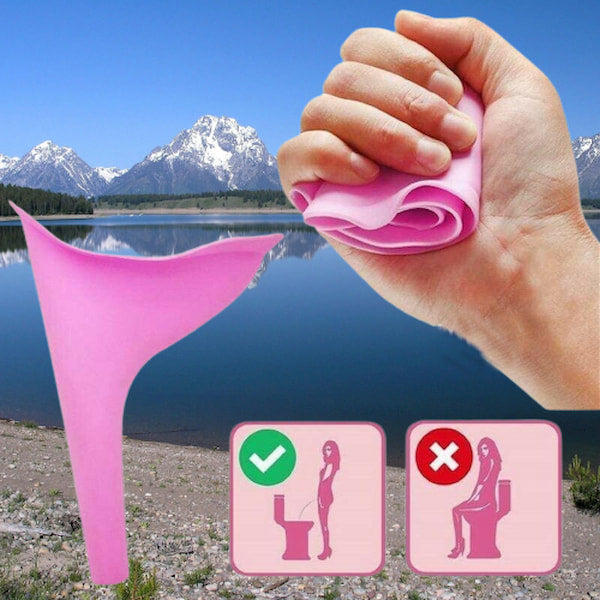 Pink menstrual cup with usage instructions against a scenic background