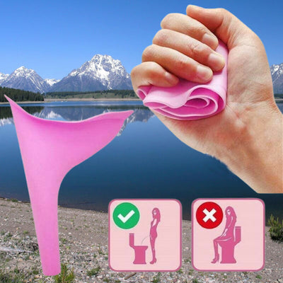 Pink menstrual cup with usage instructions against a scenic background