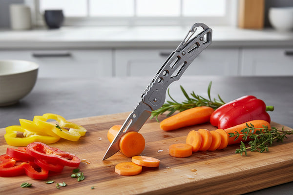 A tactical folding pocket knife with a textured gray handle and silver blade is shown inserted into a wooden cutting board, surrounded by fresh vegetables like sliced carrots, red and yellow bell peppers, and rosemary in a blurred kitchen setting.