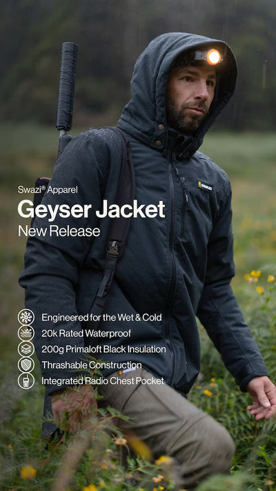 Person wearing a Geyser Jacket in a natural setting with product details overlay.