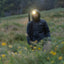 Person in a dark raincoat with a headlamp standing in a field with yellow flowers and greenery.