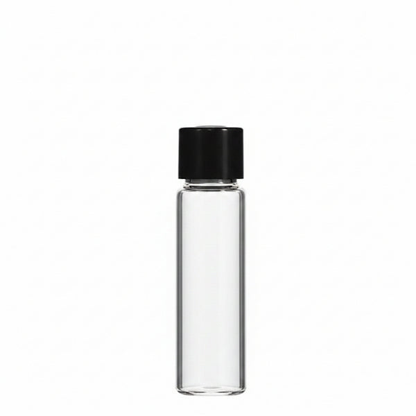 A clear glass bottle with a black screw cap, shown against a plain white background.