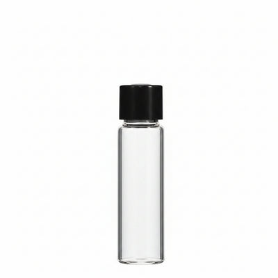 A clear glass bottle with a black screw cap, shown against a plain white background.