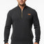 Man wearing a dark gray sweater with a small brown logo on a white background