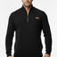 Man wearing a black zip-up sweater with a brown patch on a white background