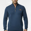Man wearing a blue sweater with a small brown logo on a white background