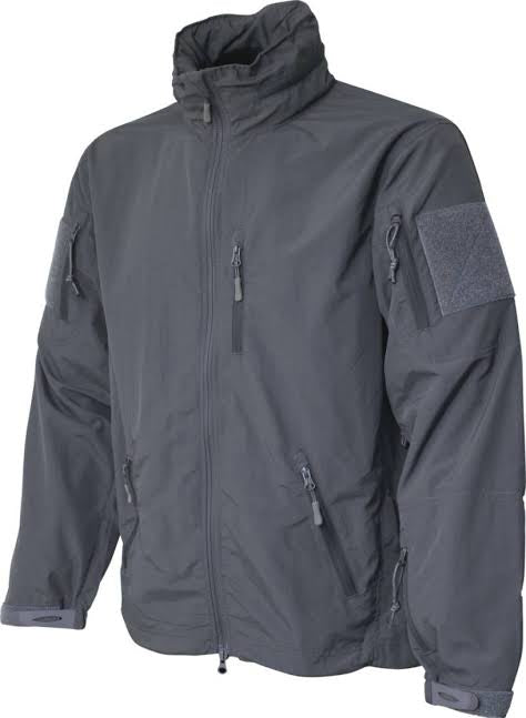 Gray tactical jacket with patches on a white background