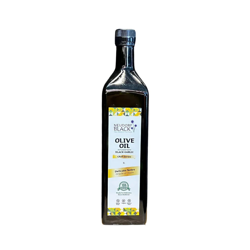 Bottle of Neuberg Black Olive Oil on a white background