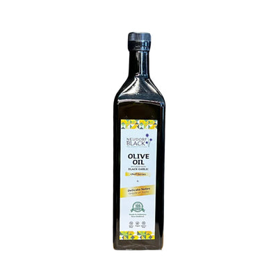 Bottle of Neuberg Black Olive Oil on a white background