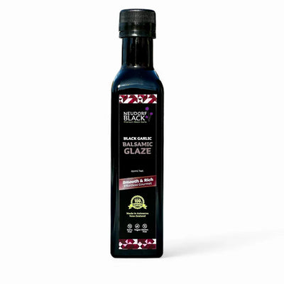 Bottle of Neudorf Black Black Garlic Balsamic Glaze on a white background