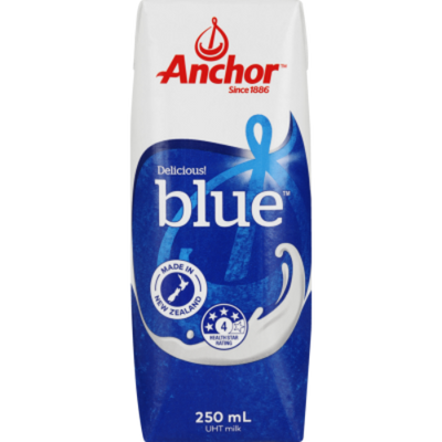 A pack of Anchor Blue UHT Milk in a 250ml carton, featuring the brand logo, product name, and a blue ribbon design indicating its delicious flavor.