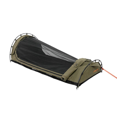 Green camping tent with mesh door on a white background