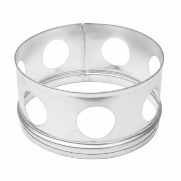 A silver metal ring-shaped stand with circular cutouts, shown on a plain white background.