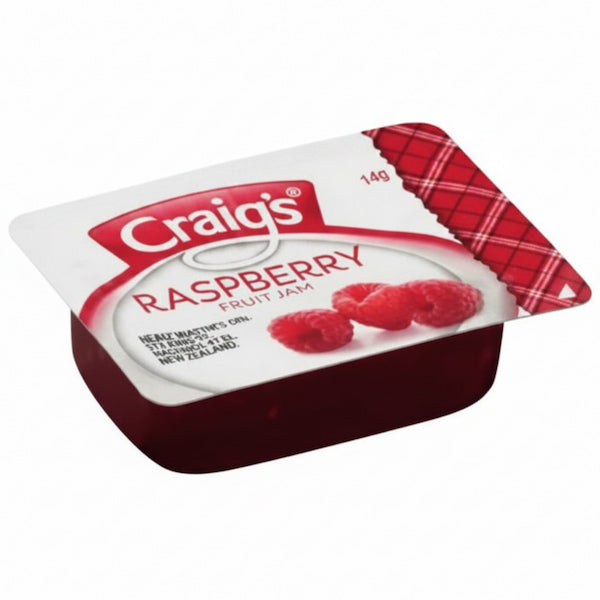 Container of Craig's Raspberry Fruit Jam with red and white packaging on a white background