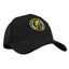 Black cap with a yellow logo on a white background