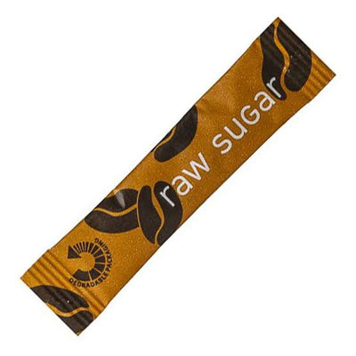 Pack of raw sugar sticks with a brown and black design on a white background