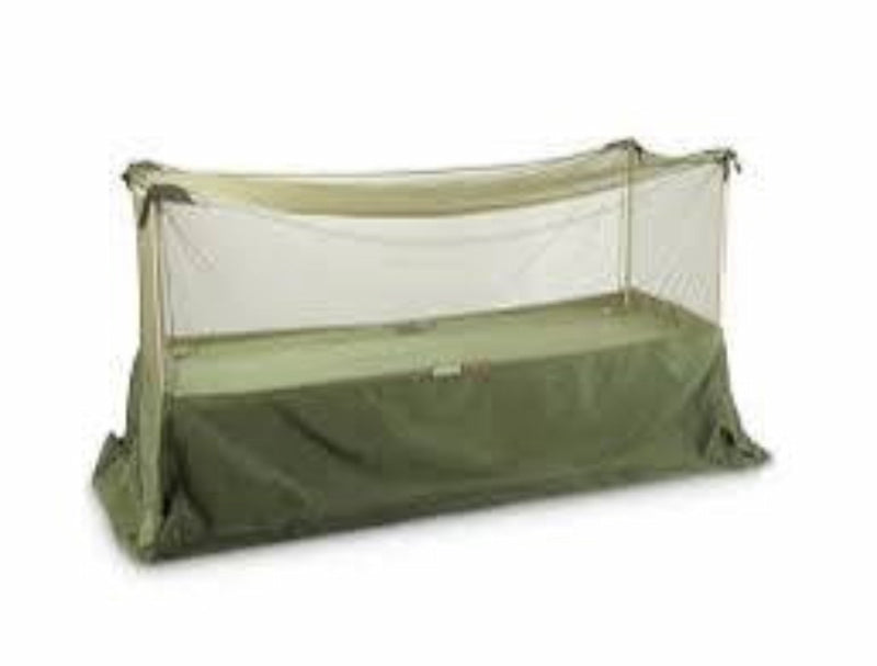 Green camping cot with mosquito net on a white background