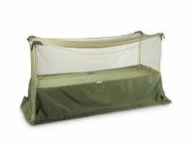 Green camping cot with mosquito net on a white background
